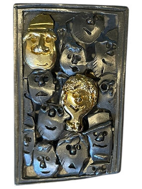 The Standout! Many Faces in Asymmetric Frame Pewter Brooch Pin by Ultra